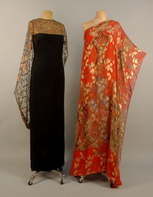 TWO ANN PAKRADOONI EVENING GOWNS, 1970s Black silk: TWO ANN PAKRADOONI EVENING GOWNS, 1970s Black silk faille sheath with metallic embroidered and sequinned net bodice with long illusion sleeve drape joined at back, back zipper, side slit. Bust 36, wai