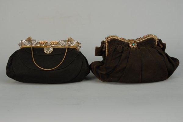 TWO JEWELED BRASS FRAME SUEDE PURSES, MID 20th C O: TWO JEWELED BRASS FRAME SUEDE PURSES, MID 20th C One black, the frame and clasp set with rhinestones, pearls and clear seed beads, brass cord handle, Joyce Morgan, Paris label. One brown, the frame se