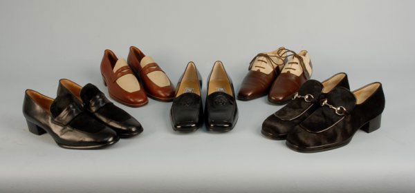 FIVE PAIR LADIES' DESIGNER SHOES, LATE 20th C All: FIVE PAIR LADIES' DESIGNER SHOES, LATE 20th C All low heel: Gucci black fur with equestrian hardware. Versace black patent with embossed logo. Three Fratelli Rossetti: Two high vamp penny loafer, one