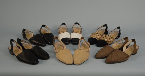 SIX PAIR LADIES' FERRAGAMO SLING-BACKS, LATE 20th: SIX PAIR LADIES' FERRAGAMO SLING-BACKS, LATE 20th C Two woven silk: One multi with suede cap toe. One brown. Two black: One with soutache. One white with black cap toe. One bone with gold metallic. Si