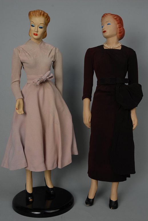 THREE MINIATURE FASHION MANNEQUINS, 1940s Molded c: THREE MINIATURE FASHION MANNEQUINS, 1940s Molded composition with painted features, dressed in Franklin Simon sample clothing, used as store display. Together with three additional outfits. Two 21 inc