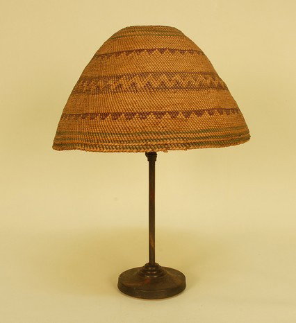 NATIVE AMERICAN MAKAH BASKETRY HAT, 1890-1920. Neah Bay: NATIVE AMERICAN MAKAH BASKETRY HAT, 1890-1920. Neah Bay, Washington region, of double cedar construction with horizontal bands of colored woven decoration. 11 1/2 x 6 1/2, interior headband diameter 7