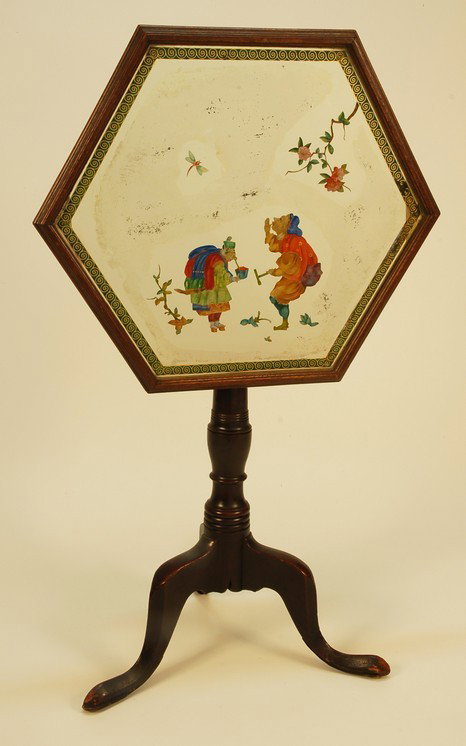 QUEEN ANNE MAHOGANY TILT TOP TABLE. With hexagonal eglo: QUEEN ANNE MAHOGANY TILT TOP TABLE. With hexagonal eglomise top. 29 x 21 x 21. Good