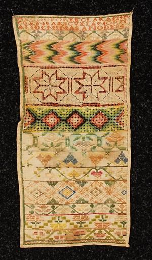 MEXICAN CONVENT GIRLHOOD NEEDLEWORK SAMPLER, 18th: MEXICAN CONVENT GIRLHOOD NEEDLEWORK SAMPLER, 18th C. From El Convento de la Ensenanza La Antigua. Ten horizontal bands of fancy silk embroidery and weaving including Aztec stitch and flame stitch on n