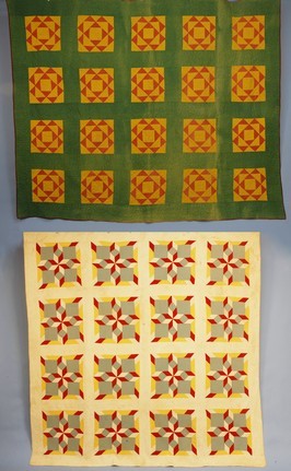 TWO PIECED QUILTS, 1850-1890. Both cotton block de: TWO PIECED QUILTS, 1850-1890. Both cotton block designs: One grey, yellow, red and white with star, 80 x 80. One green, yellow and red geometric pattern, 96 x 76. (Some fading and stains) good.