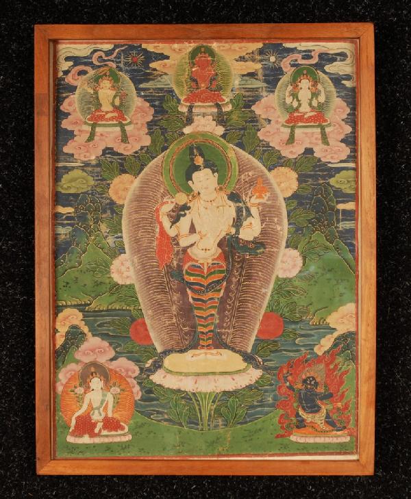NEPALESE THANGKA, 19th C. Distemper on canvas depi: NEPALESE THANGKA, 19th C. Distemper on canvas depicting Bodhisattva Prajnaparamita surrounded by other manifes- tations of the diety, in contemporary walnut frame. Image 17 x 12 3/4. (Creases and abra