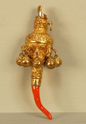 GILT SILVER BABY RATTLE with CORAL TEETHER, 19th C: GILT SILVER BABY RATTLE with CORAL TEETHER, 19th C. Floral embossed rattle having whistle at one end, polished coral teether at the other, bulbous middle with a ring of eight dangling bells, hinged ri