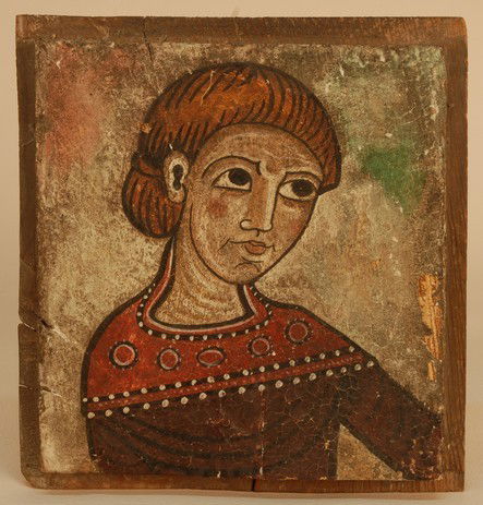 MEXICAN PAINTED RETABLO, 19th-EARLY 20th C. Polych: MEXICAN PAINTED RETABLO, 19th-EARLY 20th C. Polychromed painted wood panel with bust of saint. 8 x 8 1/4. Good.