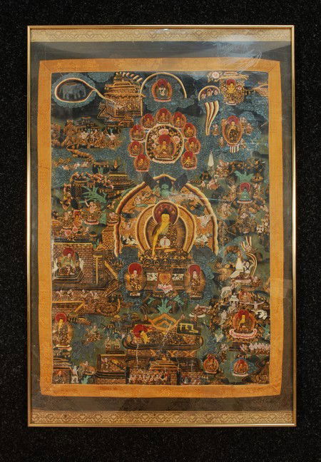 THANGKA, 18th-19th C. Tempera on canvas trimmed wi: THANGKA, 18th-19th C. Tempera on canvas trimmed with later silk mat. 29 x 19. Not examined out of frame, (minor cracks) good.