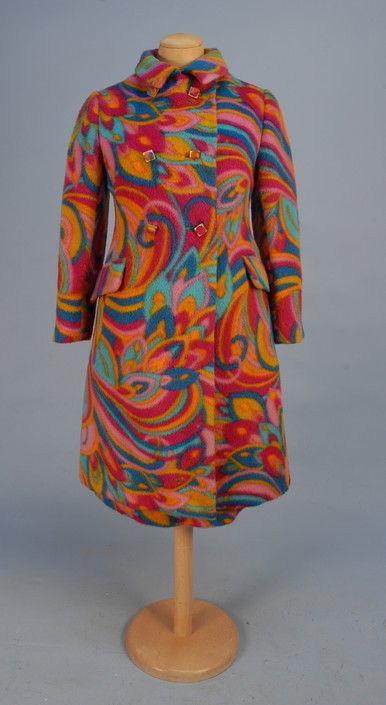 BLASS for RENTNER PRINTED WOOL SKIRT and COAT SET,: BLASS for RENTNER PRINTED WOOL SKIRT and COAT SET, c. 1965. Double breasted coat with princess seams and faux flap over slit pockets in a wild abstract floral print in vibrant shades of turquoise, ora