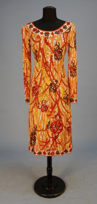 PUCCI PRINTED SILK BLEND DAY DRESS, c. 1970. Long : PUCCI PRINTED SILK BLEND DAY DRESS, c. 1970. Long sleeve with wide curved neckline with signature "Emilio" vivid abstract floral printed in shades of gold, coral and brown on white having banded neckl