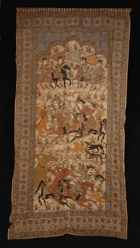 PERSIAN PRINTED COTTON KALAMKARI, 19th C. Two joine: PERSIAN PRINTED COTTON KALAMKARI, 19th C. Two joined panels having pictorial scene of Furoz Hunting Fields with riders on horseback, archers, antelope and lions. 120 x 54. (Some edge fraying and tears