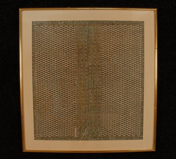PAIR of FRAMED SARI END BORDERS, 18th-19th C. The : PAIR of FRAMED SARI END BORDERS, 18th-19th C. The pair of silk pallu joined and framed as one aesthetic element, worked in resham (silk) and zardozi (metallic gold) embroidery with blue and gold pear 