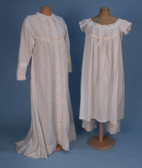 FANCY NIGHTDRESS, CHEMISE and DRAWERS SET, 1860's.: FANCY NIGHTDRESS, CHEMISE and DRAWERS SET, 1860's. White cotton, the long sleeve dress with slight train having lavish ruching and broderie anglaise on the collar, yoke, front placket and deep cuff, m