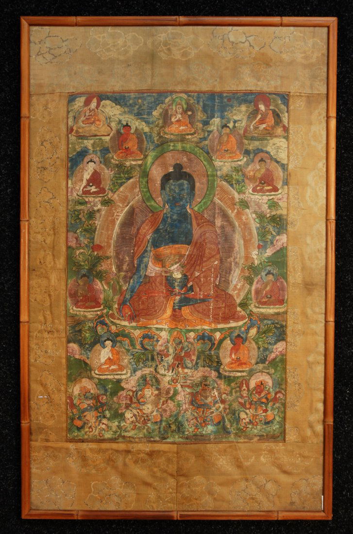 TIBETIAN THANGKA, 19th C. Gouache painting on canv: TIBETIAN THANGKA, 19th C. Gouache painting on canvas of Sakymuni Buddha. 24 x 15 (sight). Good.