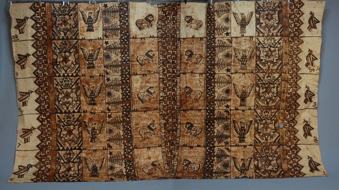 LARGE TAPA CLOTH PANEL 20th C. Mulberry tree bark: LARGE TAPA CLOTH PANEL 20th C. Mulberry tree bark cloth decorated in brown with a series of blocks having lions, eagles, trees and crests. 92 x 152. (Some holes) good.