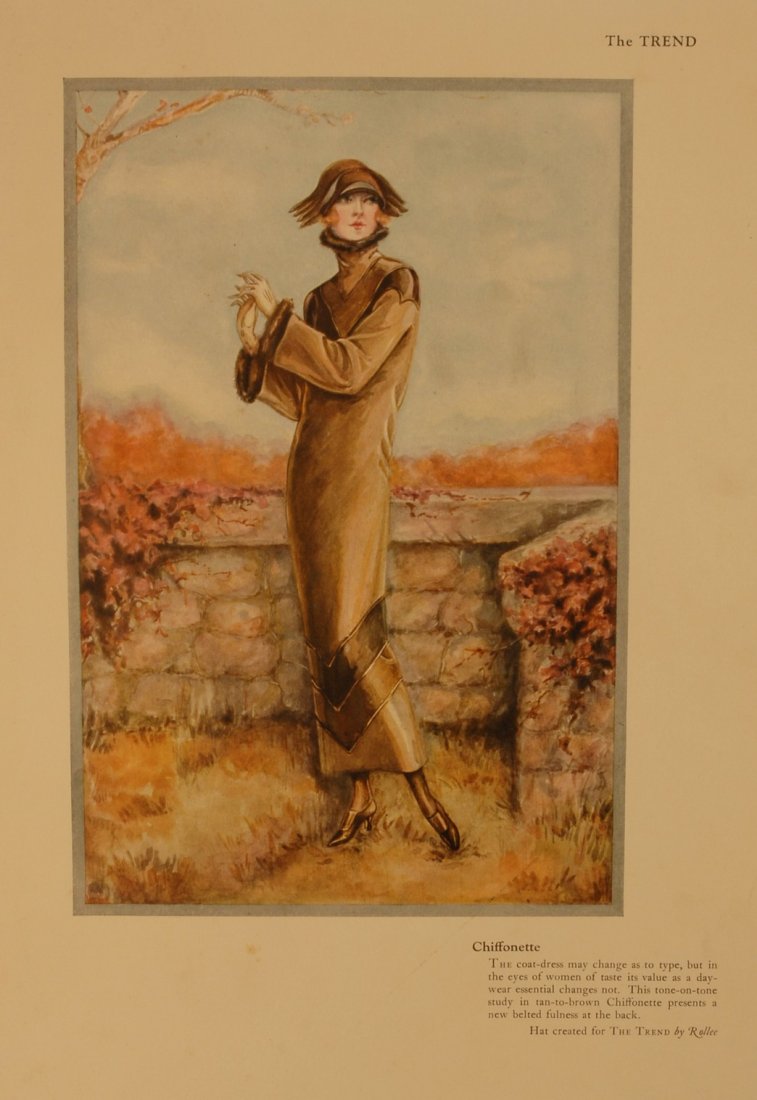 TWENTY FOUR FASHION PLATES, "THE TREND", 1920's. F: TWENTY FOUR FASHION PLATES, "THE TREND", 1920's. Folio of plates with color fashion illustrations having fabric swatches on verso. This group appears to be a complete folio by Vreeland Press, Inc., Ne