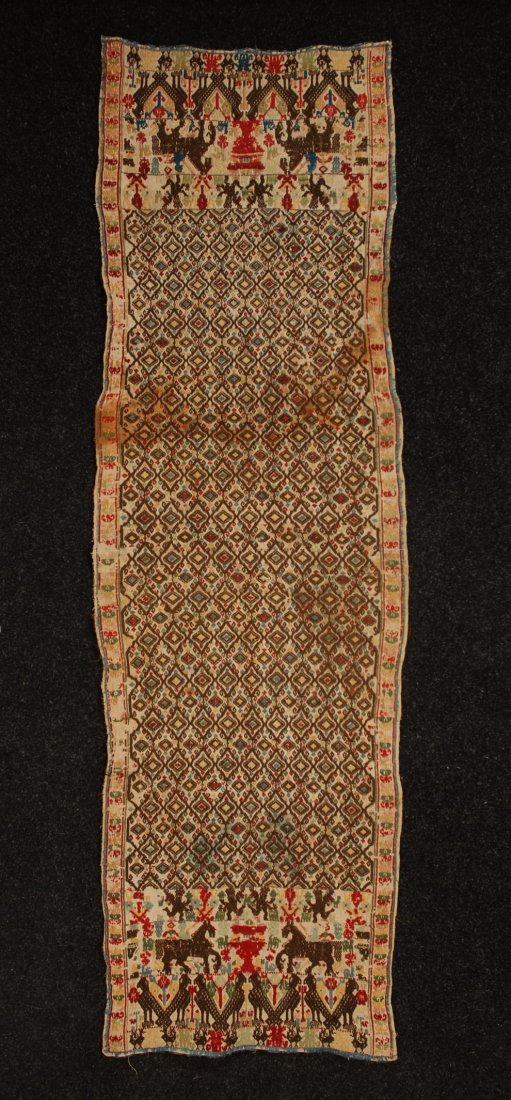 SARDINIAN BENCH COVER, ITALY, 19th C. Long rectang: SARDINIAN BENCH COVER, ITALY, 19th C. Long rectangular panel of linen having wool and silk embroidered lattice field and figural end panels with putti, birds and horses. 78 x 24. (Wear, color migratio