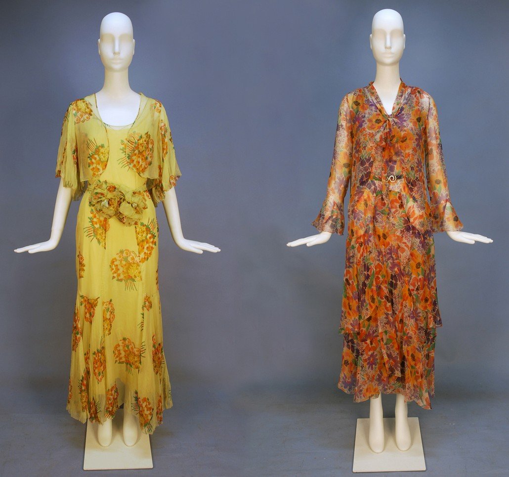 TWO FLORAL PRINTED CHIFFON DRESS and JACKET SETS, : TWO FLORAL PRINTED CHIFFON DRESS and JACKET SETS, 1930's. Both sleeveless with belt: One pink with purple, orange and green having applied skirt panels, long sleeve jacket. B-36, W-26, L-54. (Under dr