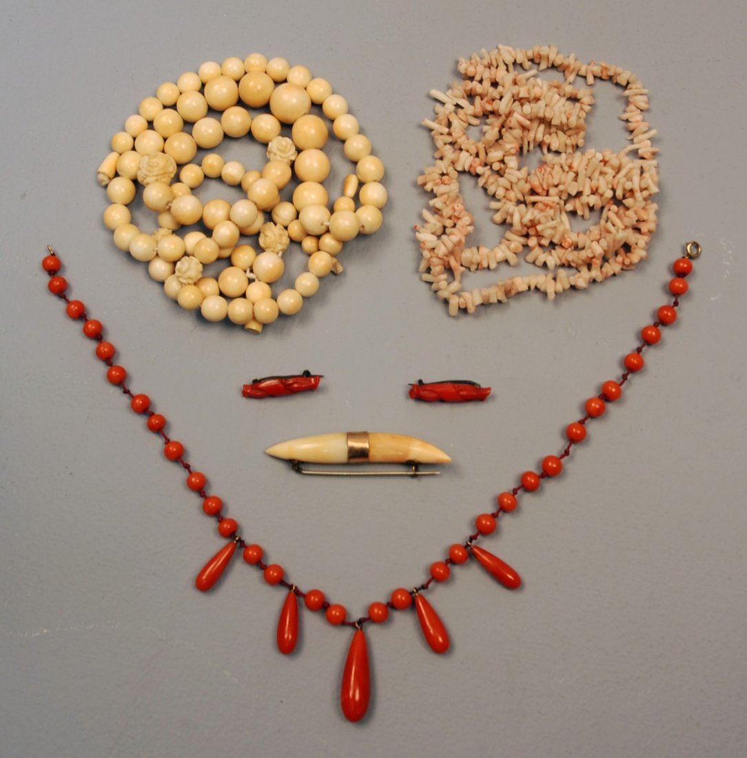 LOT of CORAL and BONE JEWELRY, EARLY 20th C. Consi: LOT of CORAL and BONE JEWELRY, EARLY 20th C. Consisting of red coral bead necklace with tear form drops, 14 inches, pair small bar pins (pin backs oxidized), white branch coral necklace 41 inches, two