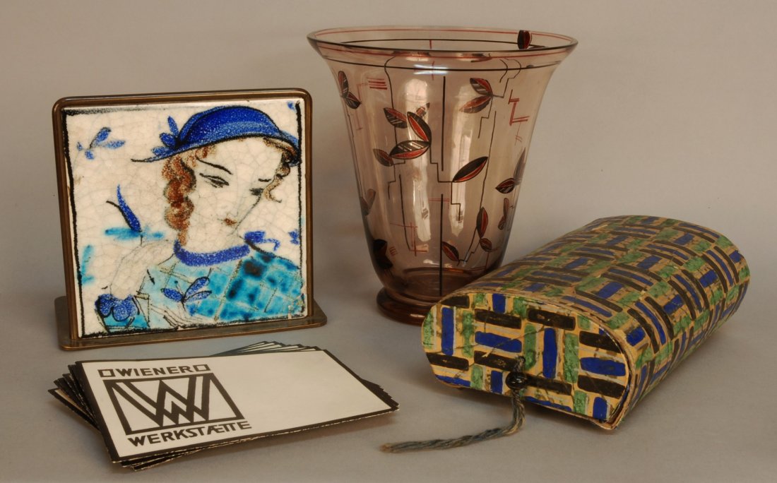 LOT of WIENER WERKSTATTE COLLECTIBLES, EARLY 20th: LOT of WIENER WERKSTATTE COLLECTABLES, EARLY 20th C. Consisting of paint decorated vase, H-6 1/4 x 5 3/4, marked on the bottom, excellent. Papier mache footed box with paint decoration and pull out dr