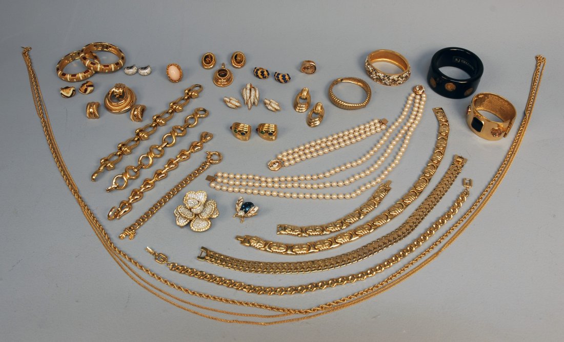 LOT of BRANDED COSTUME JEWELRY, 1970's-1990's. Mos: LOT of BRANDED COSTUME JEWELRY, 1970's-1990's. Mostly gold tone, some set with stones, including Dior, La Crosse, Graziano, Ciner, Givenchy, Monet, Trifari, etc. Together with two unmarked rhinestone