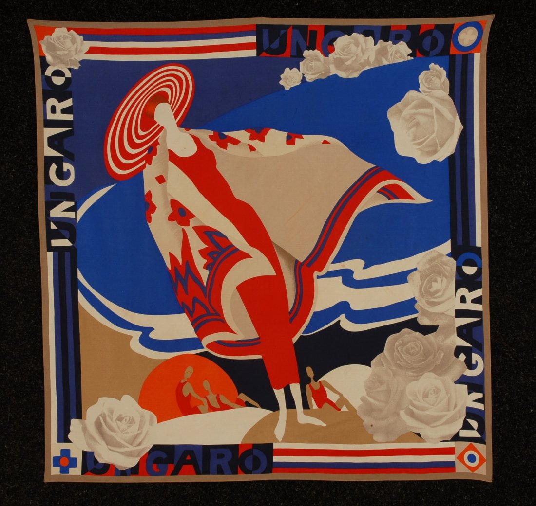 UNGARO PRINTED SILK SCARF, 20th C. Deco beach scen: UNGARO PRINTED SILK SCARF, 20th C. Deco beach scene with roses in red, blue, white, grey and sand. 33 x 34. (Few small spots) good.