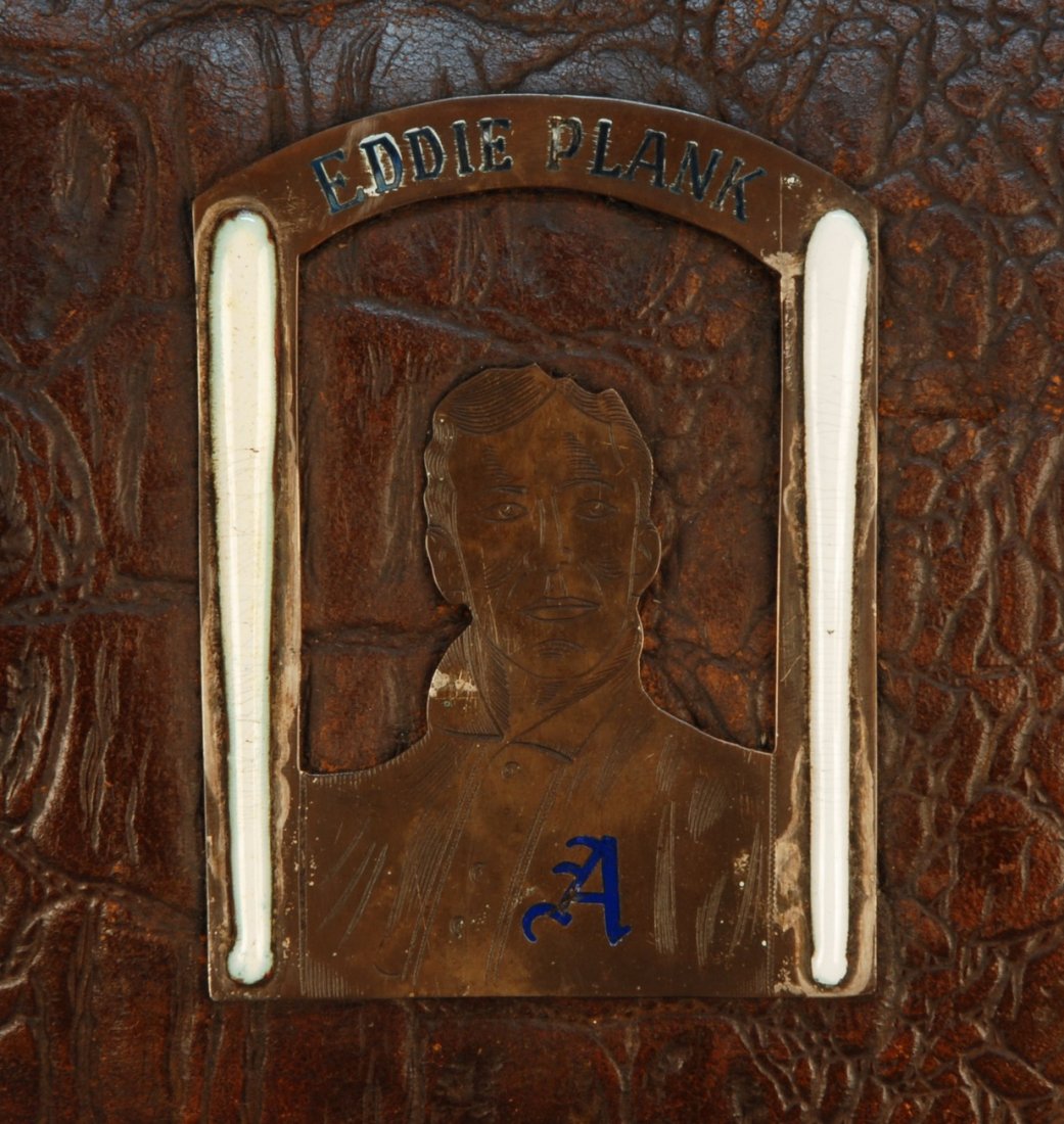 EDDIE PLANK PHILA ATHLETICS BASEBALL EQUIP. BAG: EDDIE PLANK'S PHILADELPHIA ATHLETICS EQUIPMENT BAG, 1901- 1914. Edward Stewart Plank, "Gettysburg Eddie", first left handed pitcher to win 200 games. Brown leather crocodile embossed satchel mounted w