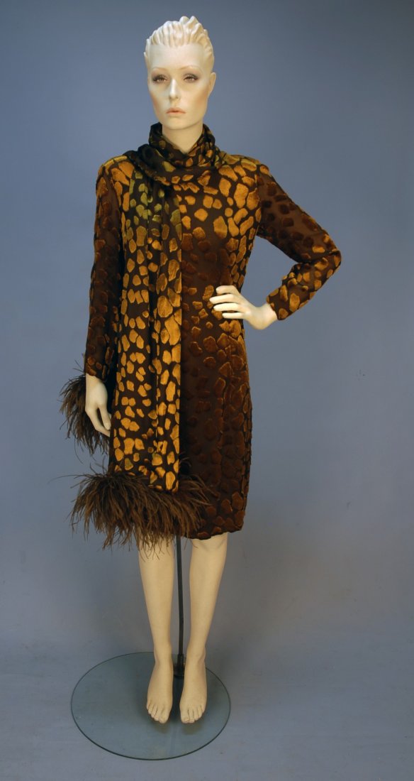 PAULINE TRIGERE VOIDED VELVET DRESS and SCARF, 197: PAULINE TRIGERE VOIDED VELVET DRESS and SCARF, 1970's. Golden brown silk velvet cut to espresso chiffon in an abstract pebble design, having long sleeve, jewel neck and back zipper, extra long scarf w