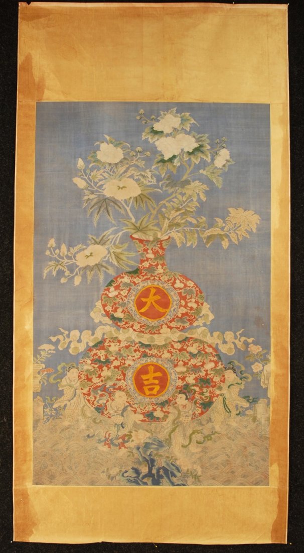 KESI PICTORIAL TAPESTRY, 19TH C.: Large masterful work depicting a red double gourd vase with peony flower arrangement, the vase decorated with similar gourds and vines, two Chinese characters within roundels bordered with bats, the v