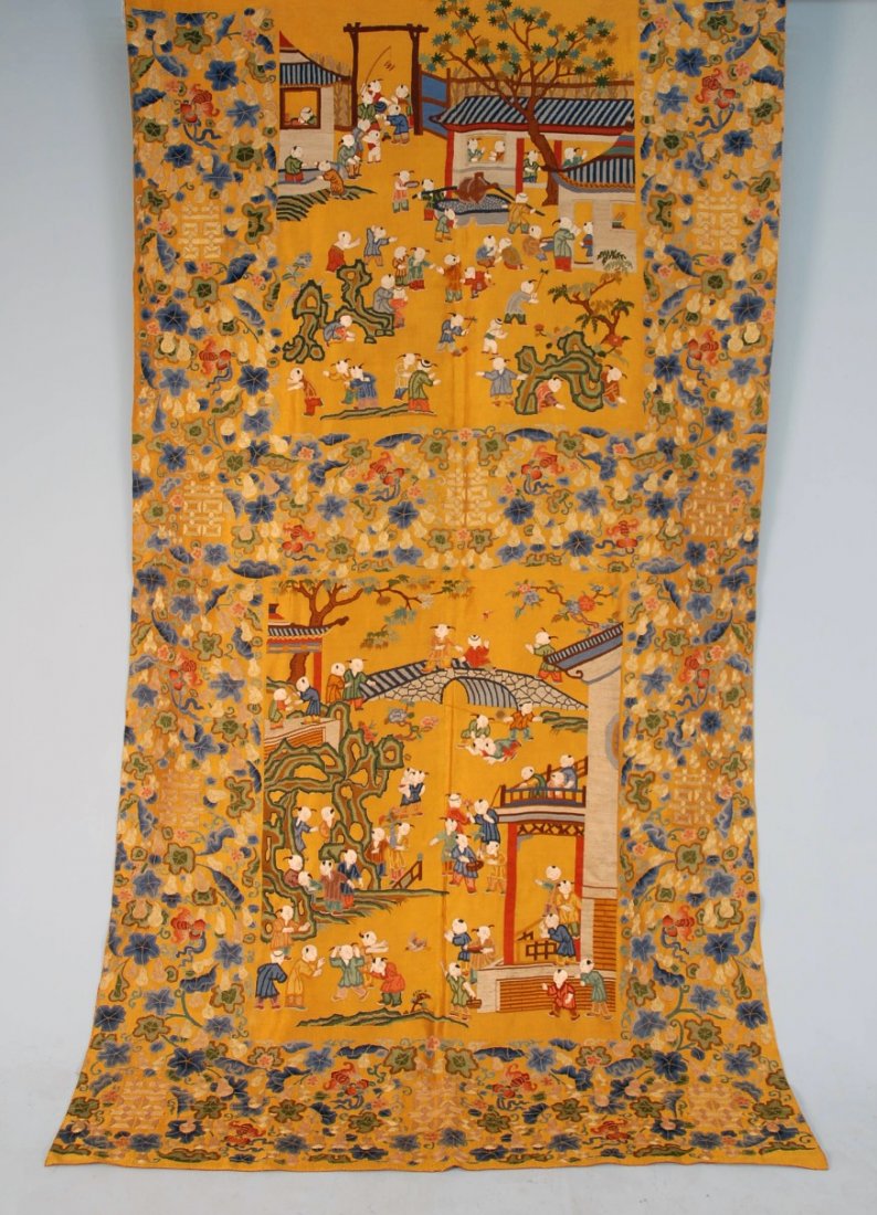 CHINESE EMBROIDERED PANEL of ONE HUNDRED BOYS, 19th: Unusually large panel formed by joining two 26 inch panels of tapestry weave and embroidery depicting the one hundred children, a popular Chinese New Year symbol said to represent the sons of Zhou Wen
