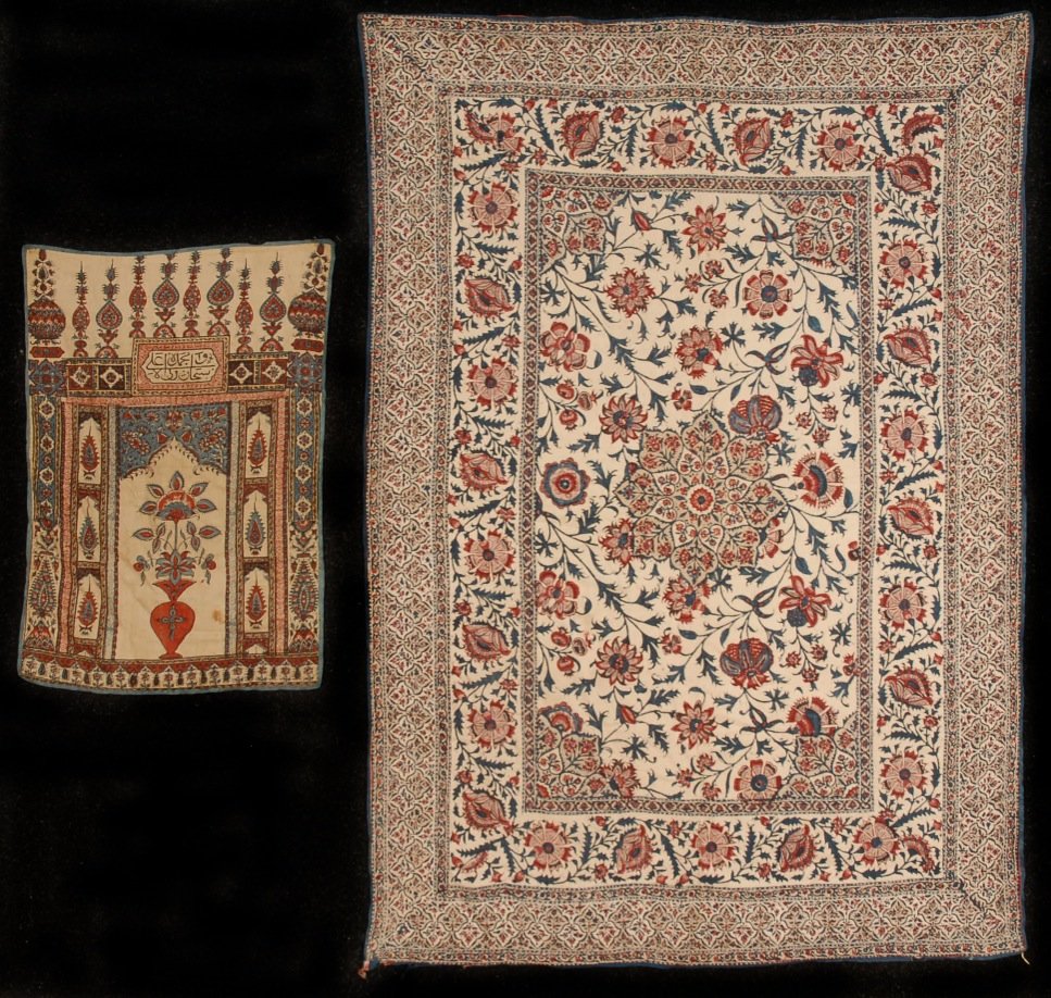 KALAMKAR, MID 20th C.: Cotton printed with Isphahan design in red, white and blue. 47 x 34. Together with a smaller kalamkar in prayer design with single poppy and vase. 15 x 21. Both excellent.