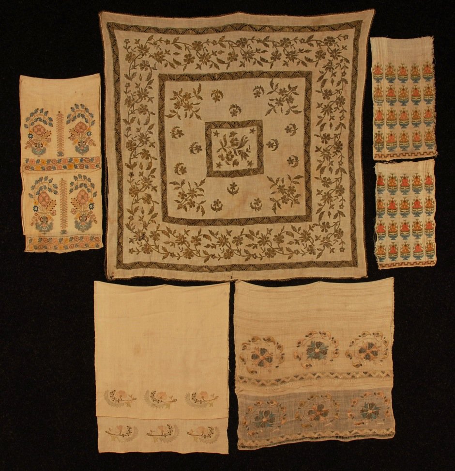 LOT of TURKISH and SYRIAN EMBROIDERIES, LATE 19th : Three Bursa embroidered towels, together with two towel end borders and a Syrian metallic embroidered square. (Minor stains) good-excellent.