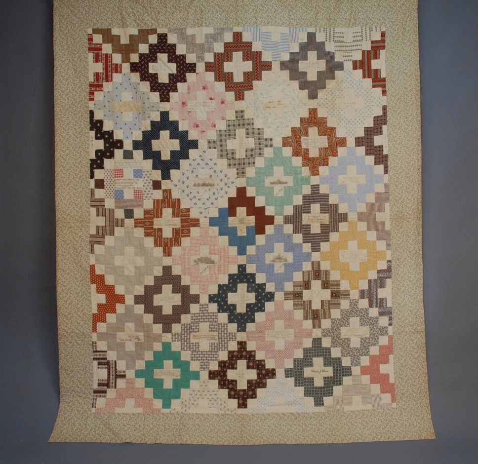 MASSACHUSETTS PIECED CENTENNIAL FRIENDSHIP QUILT,: Made for Lula Howe, likely of Boston and Roxbury, in courthouse square pattern, having thirty blocks signed by maker, most with inkscript verses, the center block printed with Centennial dates, dove a