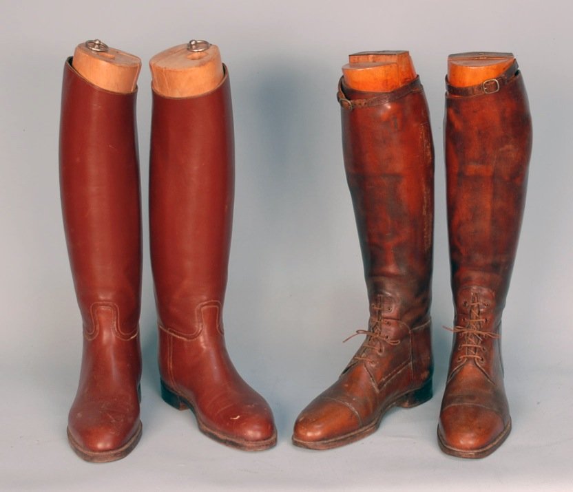 TWO PAIR MEN'S U.S. ARMY CAVALRY BOOTS, c. 1930.: Both brown with trees, probably English made: One pair field boots, the tree set stamped "LT. COL. ROBERT C. RICHARDSON JR". 10 3/34 x 3 3/4 x 19 1/4 high. Together with an olive wool felt Army hat, s