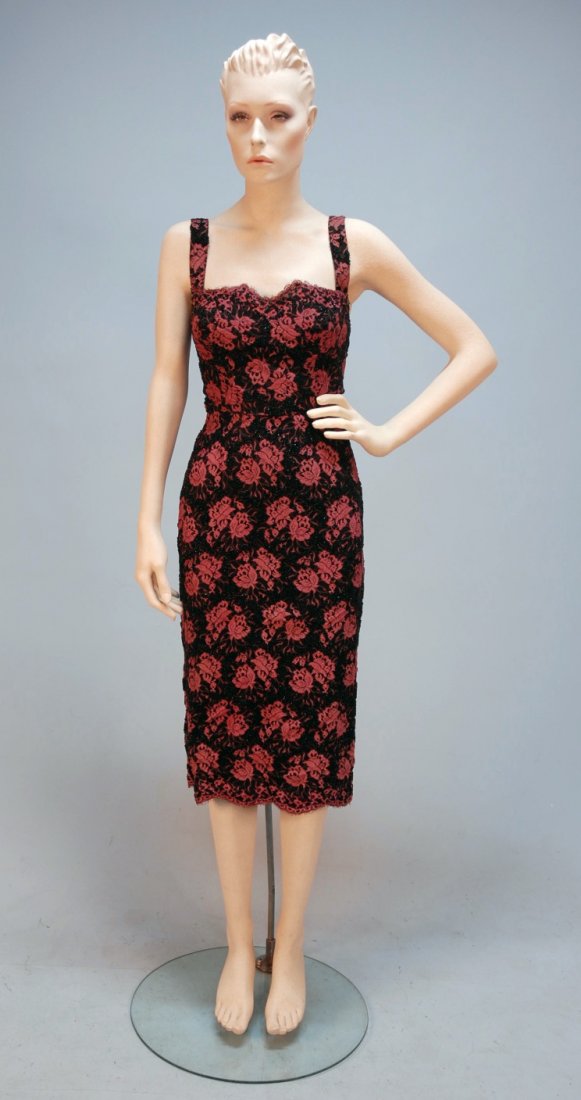 PIERRE BALMAIN BEADED LACE COCKTAIL DRESS, 1950's.: Dusty rose floral lace over black silk on an overall black beaded ground, sleeveless sweetheart bodice with pencil skirt and scalloped hem, back zipper. Labeled. B-32, W-22, H-32, L-42 1/2. (Straps ap