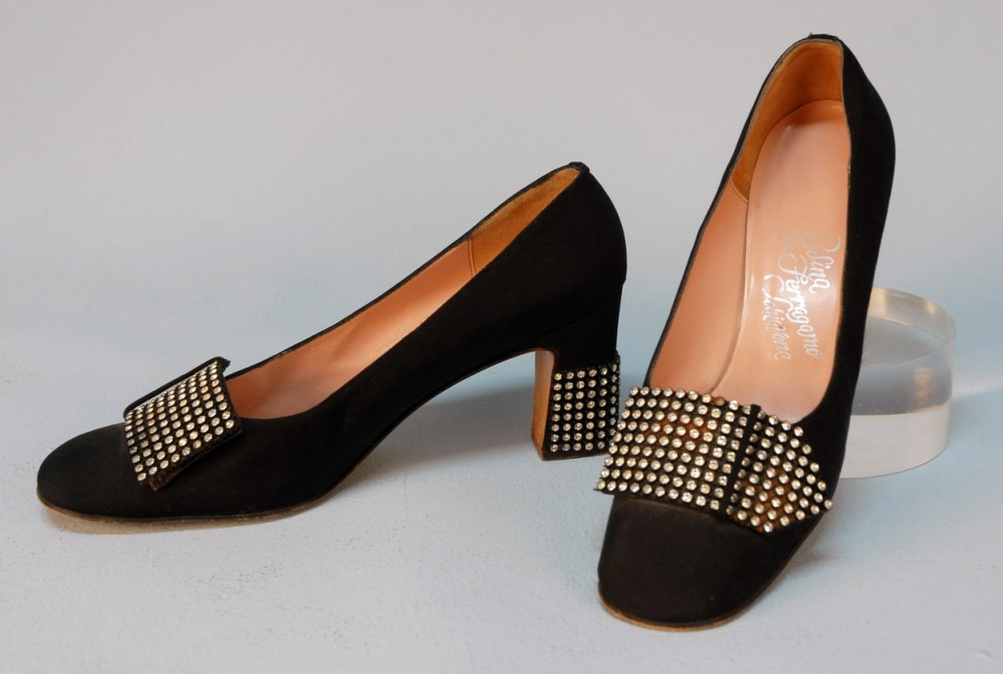 ROSINA FERRAGAMO SCHIAVONE JEWELED SILK PUMPS, 196: Black faille having rounded square toe with faux buckle and straight 2 3/4 inch heel, both decorated with rows of rhinestones. Size 8AA. (One rhinestone missing from heel) very good.