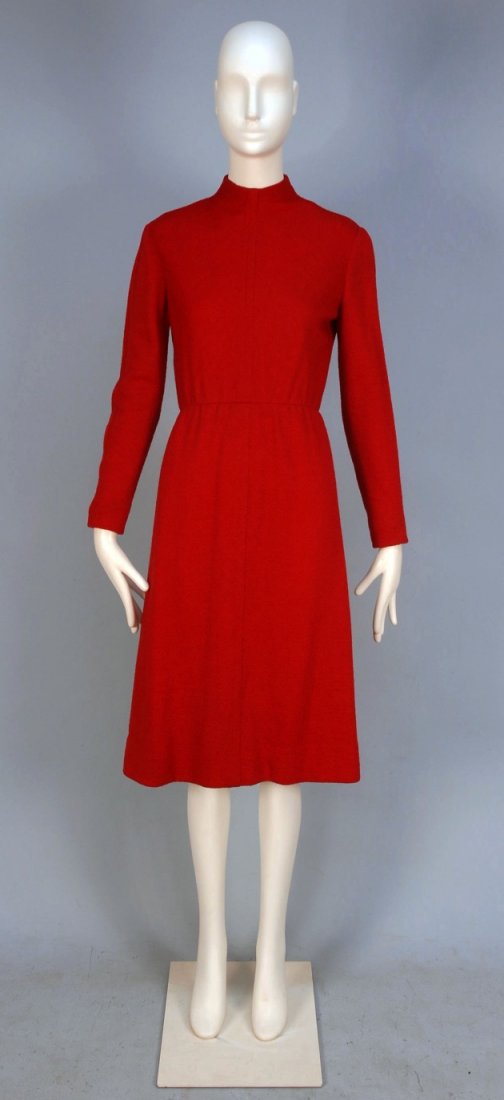 GIVENCHY NOUVELLE BOUTIQUE WOOL BOUCLE DAY DRESS, : Long sleeve red knit with high neckline, French seam at center front and outside of sleeve, set-in waist with slight gathers, red China silk lining, back zipper. Labeled, Bergdorf Goodman customer lab
