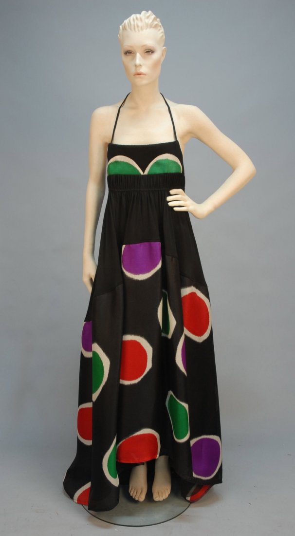 ALBER ELBAZ for GEOFFREY BEENE TRAINED SUMMER BAL: Black silk jersey and silk gazar with oversized colorful dots, empire bodice having narrow straps crossed over open back, full skirt, silk organdy lining, back zipper. Labeled. B-30, high W-26, front 