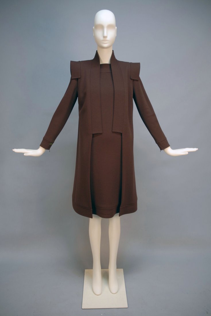 JEAN LOUIS SCHERRER HAUTE COUTURE WOOL JERSEY ENS: 2-piece brown knit consisting of long sleeve zip cuff day dress with square neck, cuff and hem having topstitched band, back zipper, lined in brown silk satin. Matching sleeveless coat having applied