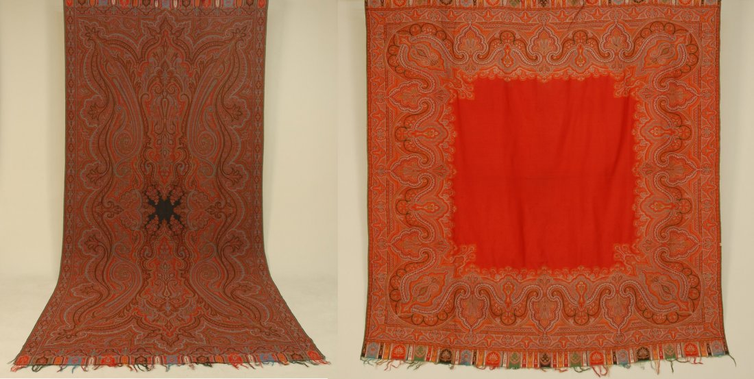TWO PAISLEY SHAWLS, 19th C.: One square with open solid red field, 66 x 65, very good. One long shawl with deep paisleys in field and small black center, 130 x 61, very good.