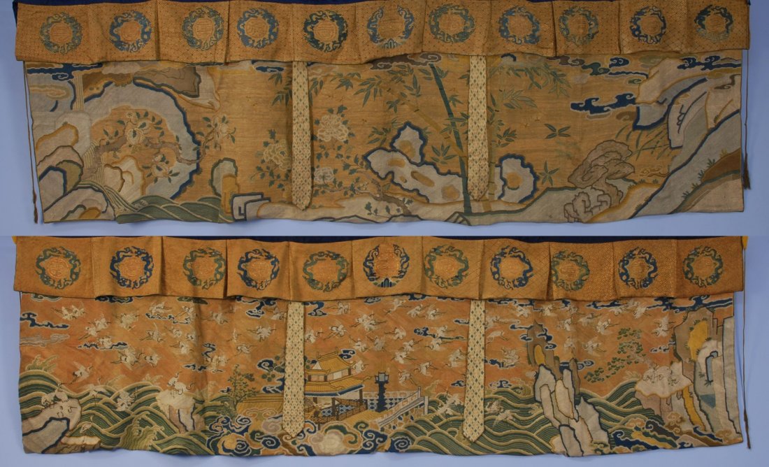 PAIR of CHINESE SILK BED and WALL HANGINGS, 19th C.: Of heavy silk embroidered gauze in two sections, the 8 inch upper section in repeating pleats with background diaper design of swastikas with roundels of dragons and Chinese characters, the 28 inch lo
