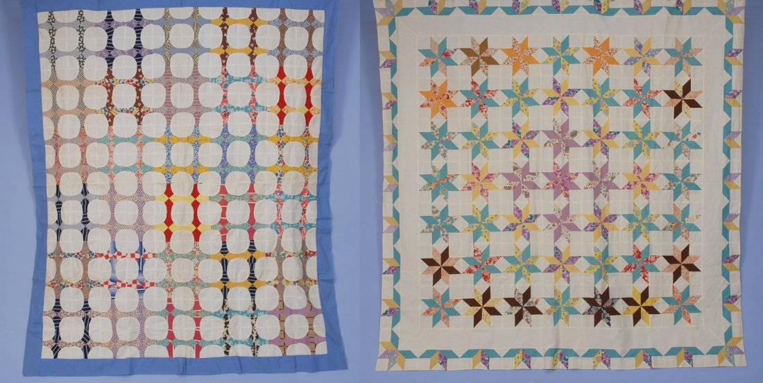 TWO COTTON QUILT TOPS, 1930 - 1940.: One "Star of Le Moine" with overlaid white cotton squares creating a windowpane or lattice effect, 1/2 inch star border. One "Snowball" design with true blue border mostly floral cottons. 80 x 74 and 