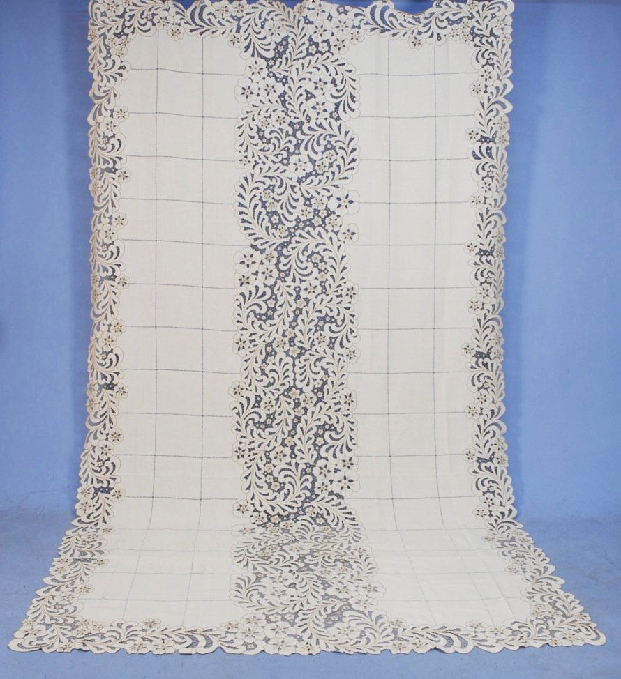 MADEIRA TABLECLOTH, 1930's-1940's.: Cream linen with cutwork and ecru embroidered floral border and wide center band. 75 x 120. Excellent.