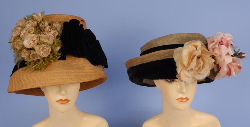 TWO LARGE CROWNED HATS, 1909 - 1921.: One natural leghorn straw having wide black velvet band, bow and tie decorated with clusters of cloth roses. 14 x 9, (breaks at crown edge) fair. One wired horsehair with upturned brim, wide velvet ba