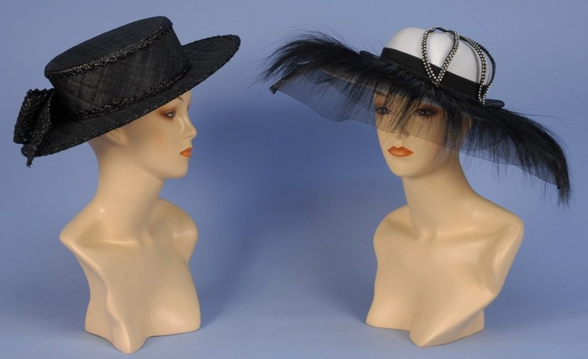 CHANEL FAUX STRAW SAILOR HAT, LATE 20th C.: Quilted black cotton/poly blend having faux raffia trim and large bow, labeled and marked size 57, 14 x 13 1/2 x 3, excellent. Together with a Sandra label black horsehair wide brim hat with white fau