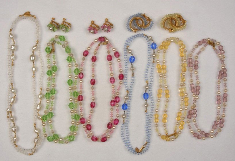 LOT of MIRIAM HASKELL JEWELRY.: Six necklaces all having faceted colored beads and/or pearls, four with matching ear clips. Signed. Necklaces 15 - 20 inches. Good-excellent.