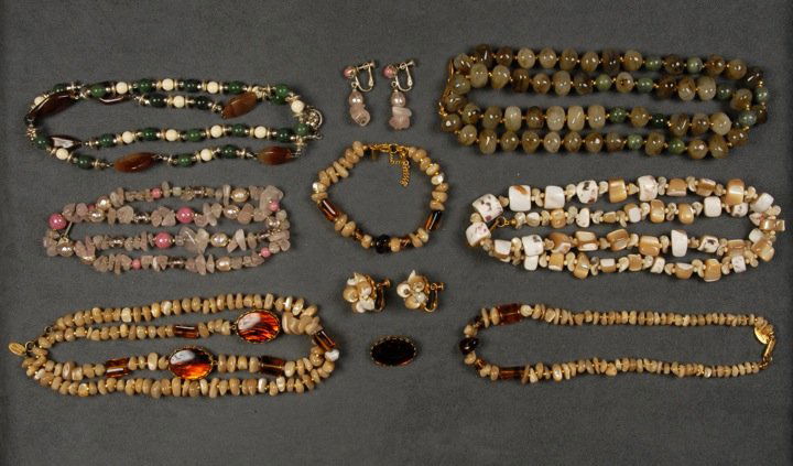 LOT of MIRIAM HASKELL JEWELRY.: Six glass and/or plastic bead necklaces imitating stones, matching pin, bracelet and two pair ear clips. Signed. Necklaces 7 1/2 - 16 inches. (Few spacers with minor verdegris) good-excellent.
