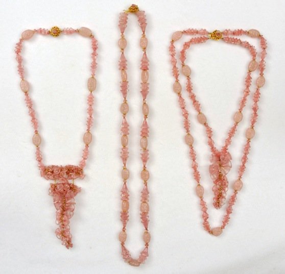 THREE MIRIAM HASKELL NECKLACES, 1950's - 1960's.: All having pink art glass beads and conical bellflower glass beads, two with grape cluster style pendants. Signed. Two 15 inches, one double strand 13 1/2. Excellent.