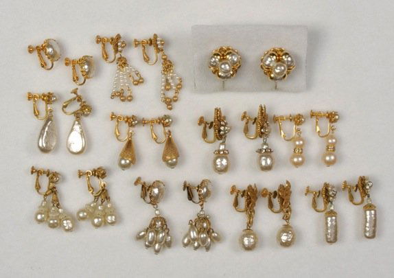 LOT of MIRIAM HASKELL PEARL EARRINGS.: Mostly drops, some having gilt filigree and/or rhinestones. Signed. Eleven pairs. Longest 1 3/4 inches. (Few minor verdigris) good-excellent.
